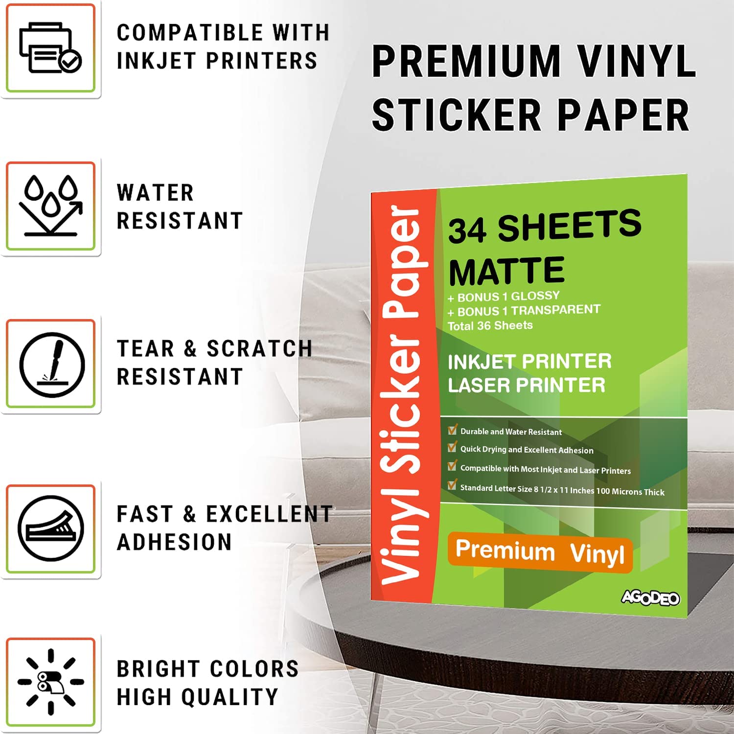 JOYEZA Premium Printable Vinyl Sticker Paper for Inkjet Printer - 25 Sheets Matte White Waterproof, Dries Quickly Vivid Colors, Holds Ink Well- Tear