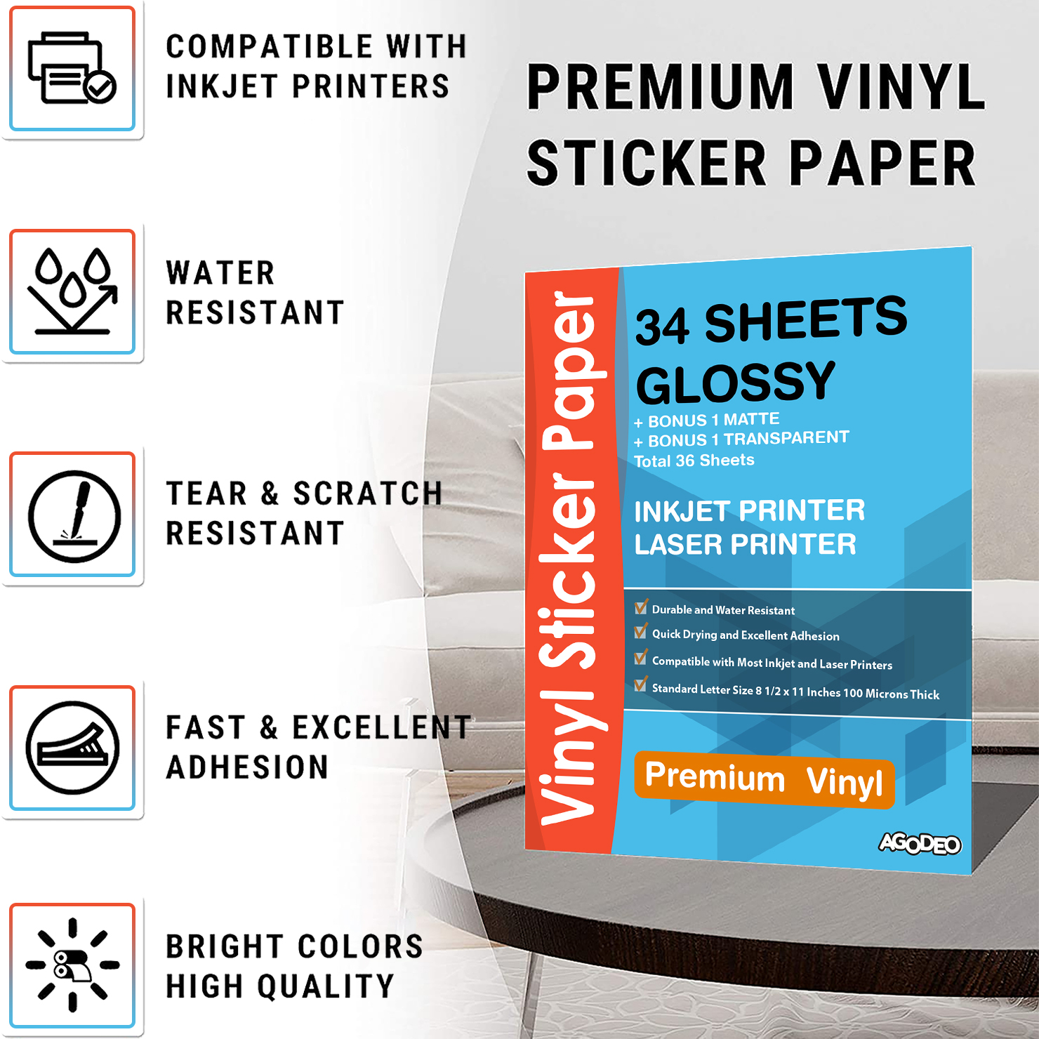 Premium Printable Vinyl Sticker Paper for Inkjet & Laser Printer - 34  Sheets Self-Adhesive Sheets Glossy White Waterproof, Dries Quickly Vivid  Colors